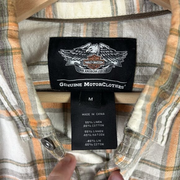 Harley Davidson Motorcycle Biker Mechanic Shirt Medium Plaid Cream Orange Linen‎ - Picture 5 of 6